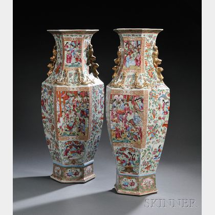 Pair of Rose Mandarin Chinese Export Porcelain Vases