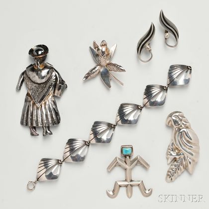 Seven Pieces of Mexican Silver Jewelry 