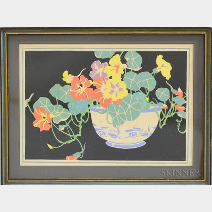 Janet Laura Scott (American, 1888-1968) Nasturtiums in a Blue and White Bowl