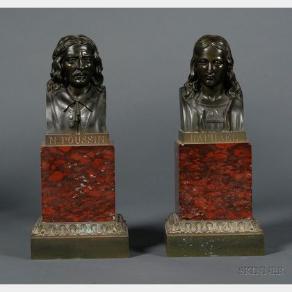 Pair of French Bronze and Rouge Marble Busts of Artists