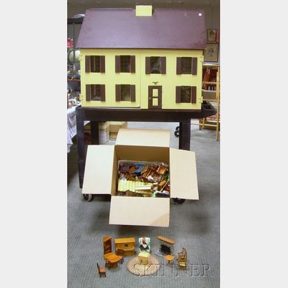 Two Painted Wood and Wood Composition Doll Houses with Furniture and Accessories