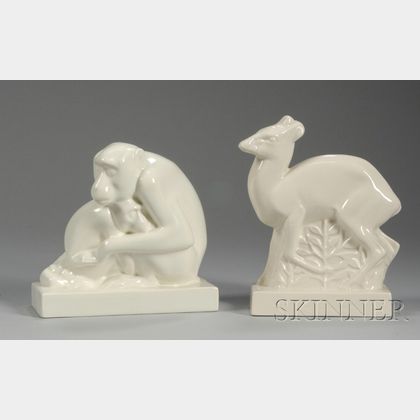 Wedgwood John Skeaping Designed Cream Glazed Deer and Seated Monkey Figures