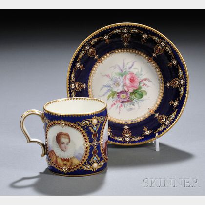 Sevres Porcelain Jeweled Coffee Can and Saucer