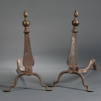Punch-decorated Brass and Iron Knife Blade Andirons