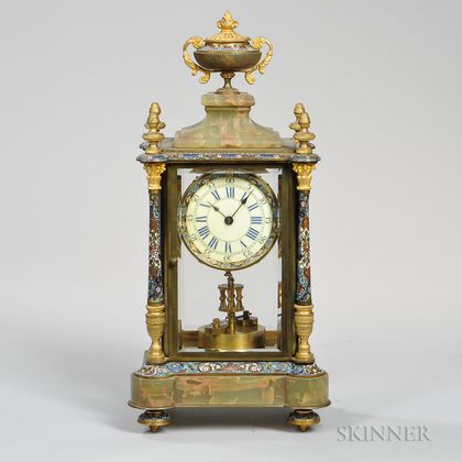 French Champleve and Variegated Marble 400-day Mantel Clock