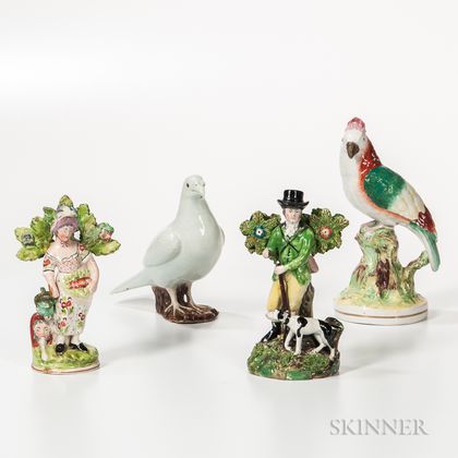 Two Staffordshire Birds and a Pair of Polychrome Painted Figures