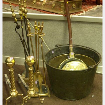 Two Brass and Iron Kettles, a Brass Bed Warmer, a Pair of Brass Andirons and Two Sets of Hearth Tools with Stands. 