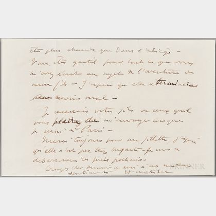 Matisse, Henri (1869-1954) Autograph Letter Signed, Vence, 19 April 1946.