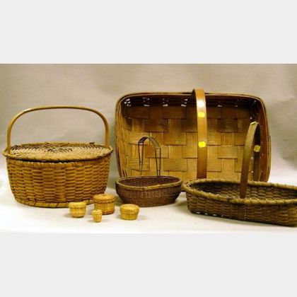 Four Assorted Woven Baskets and Four Native American Miniature Woven Covered Baskets. 