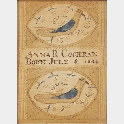 Attributed to Moses Connor, Jr. (New Hampshire, active 1800-1832) Birth Record: Anna B. Cochran Born July 6, 1804.