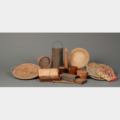 Group of Twelve Early Pottery, Wood, and Textile Items