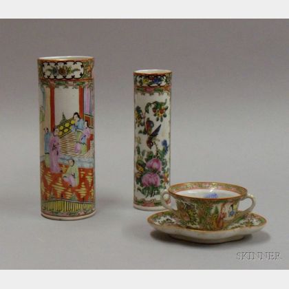 Modern Chinese Export Porcelain Rose Medallion Posset Cup and Underplate and Two Brush Pots. 