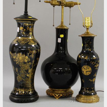Two Chinese Gilt Decorated Black Glazed Ceramic Baluster-form Vase/Table Lamps and a Black Glazed Ceramic Bottle-form Vase/Table Lamp, 