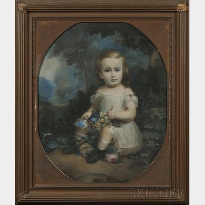American School, 19th Century Portrait of a Child in a Woodland Setting with Grapes and Flowers.