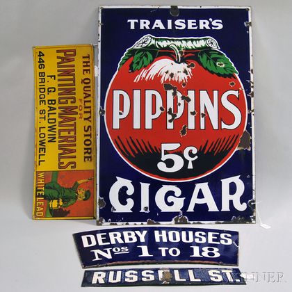 Three Enameled Metal Signs and a Printed Metal Painting Materials Advertising Sign