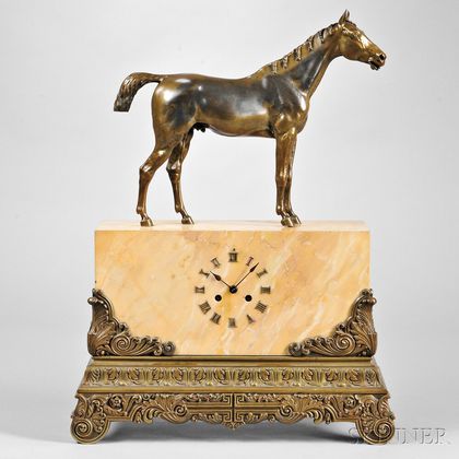 Large Equestrian Marble and Bronze Mantel Clock