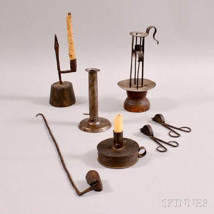 Four Early Wrought and Sheet Iron Candle Holders and Three Snuffers