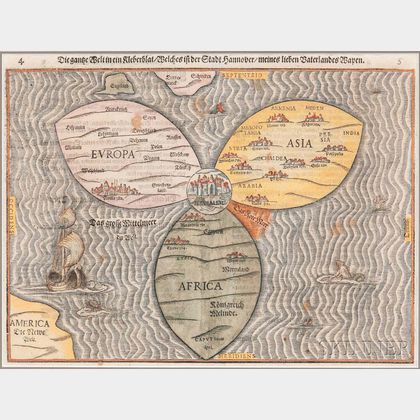 Europe, Figurative Clover Leaf World Map. Heinrich Bunting (1545-1606) Die Gantze Welt in ein Kleberblat.