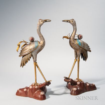 Pair of Cloisonné Crane Censers