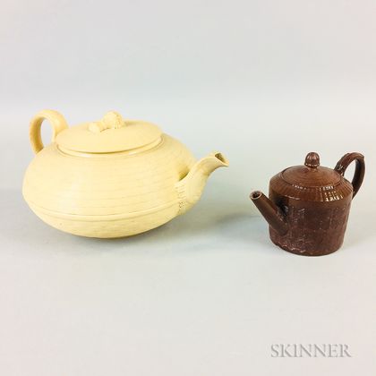 Engine-turned Ceramic Teapot and a Wedgwood Caneware Teapot