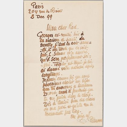 Pissarro, Camille (1830-1903) Autograph Letter Signed, Paris, 8 December 1899.