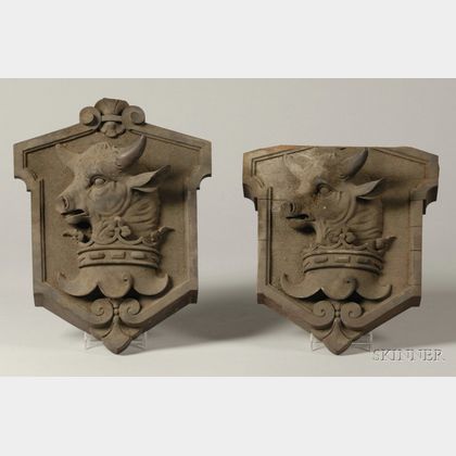 Pair of Decorative Carved Walnut Heraldic Wall Plaques