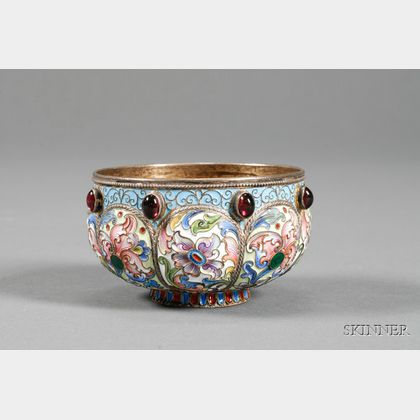 Small Russian Silver, Enamel, and Stone-set Bowl