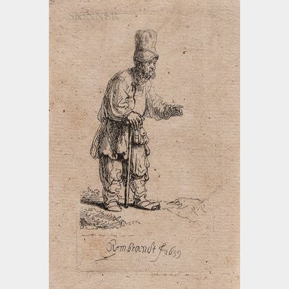 Rembrandt Harmensz van Rijn (Dutch, 1606-1669) A Peasant in a High Cap, Standing Leaning on a Stick
