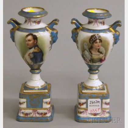 Pair of Gilt and Transfer Napoleon and Josephine Portrait-decorated Porcelain Vases