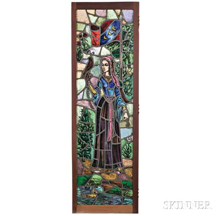 Pair of Stained Glass Panels Depicting Medieval-style Ladies