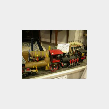 Five Painted Wood Models of Early Train Engines and Cars.
