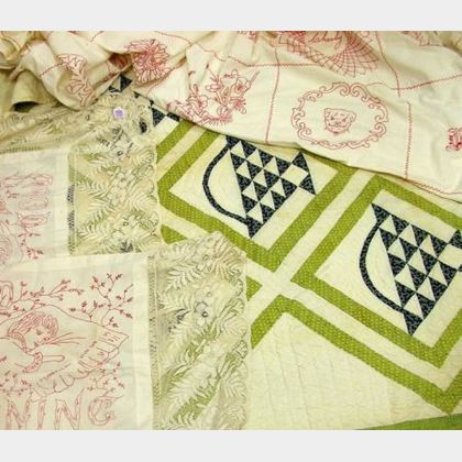 Pieced Cotton Quilt, and a Figural Embroidered Cotton Coverlet with a Pair of Pillow Covers. 