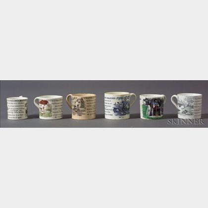 Six Transfer-decorated Pottery "Dr. Franklin's Maxims" Children's Mugs