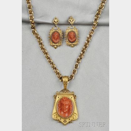 Antique Gold and Coral Cameo Pendant and Earrings