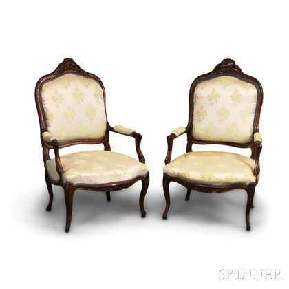 Pair of Louis XV-style Carved Walnut Upholstered Fauteuil