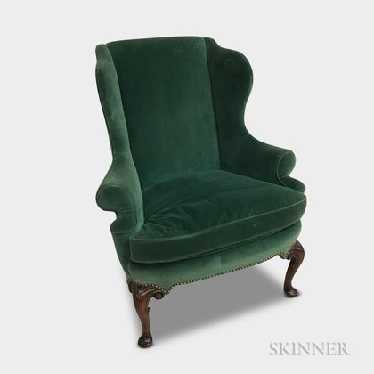 Queen Anne-style Carved and Upholstered Mahogany Wing Chair