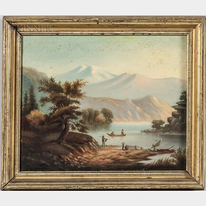 Hudson River School, 19th Century Mountainous Landscape with Boaters and Fisherman at a River