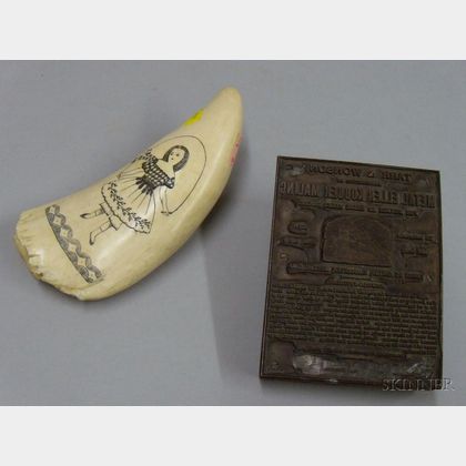 Scrimshaw Decorated Whale's Tooth and a Norwegian Marine Paint Advertising Copper and Wood Printing Block
