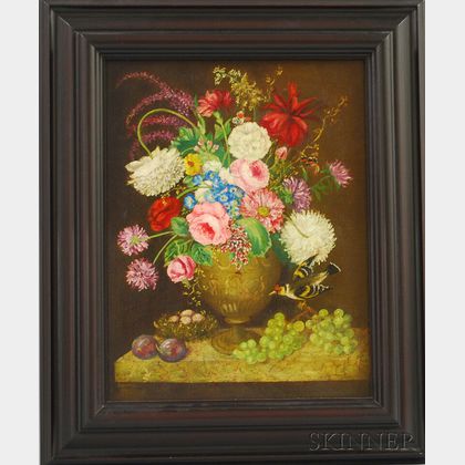 Attributed to B.R. Bibo (American, 20th/21st Century) Floral Still Life with Ceramic Urn, Butterflies, and Tanager.
