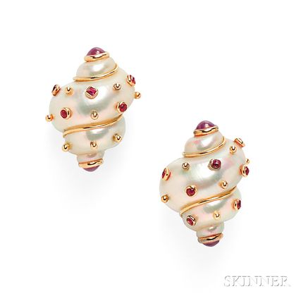 14kt Gold, Turbo Shell, and Ruby Earclips, MAZ