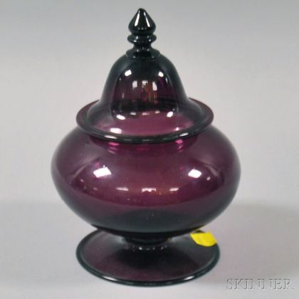 Free-blown Amethyst Glass Covered Footed Jar
