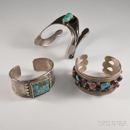 Three Sterling Silver and Hardstone Bangles