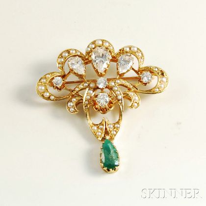 Art Nouveau 14kt Gold, Seed Pearl, and Gemstone Brooch