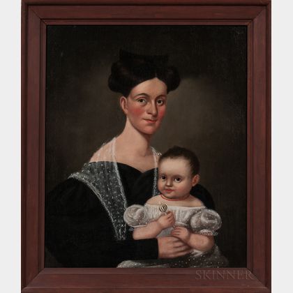 American School, Mid-19th Century Portrait of a Mother and Child, with Coral Necklace Worn by the Child