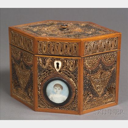 Quillwork Tea Caddy with Portrait Miniature