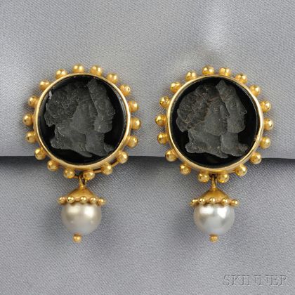 18kt Gold, Glass Intaglio, and Cultured Pearl Day/Night Earclips, Elizabeth Locke
