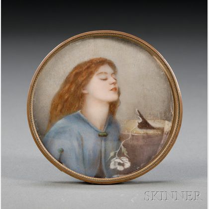 Pre-Raphaelite Painted Portrait Miniature on Ivory after Dante Gabriel Rossetti
