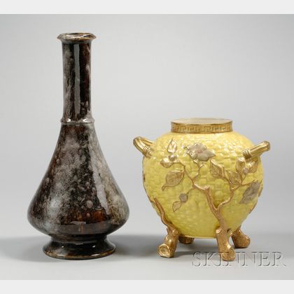 Royal Worcester Porcelain Drip Glazed Footed Bottle-form Vase and Gilt Decorated Yellow Ground Footed Vase