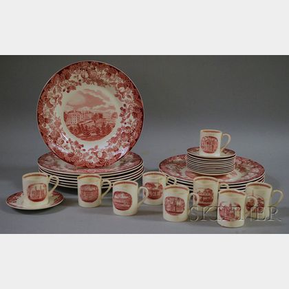 Set of Eleven Wedgwood Red and White Harvard University Ceramic Dinner Plates and a Set of Nine Demitasse Cups and Eleven Saucers. 
