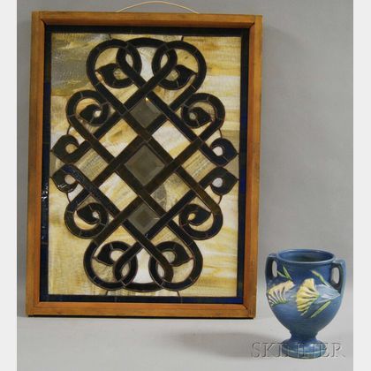 Roseville Pottery Freesia Pattern Vase and a Framed Leaded Art Glass Panel